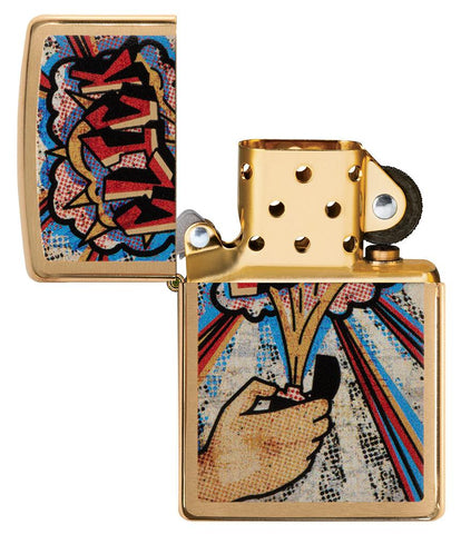 Zippo Click Brushed Brass Windproof Lighter with its lid open and unlit