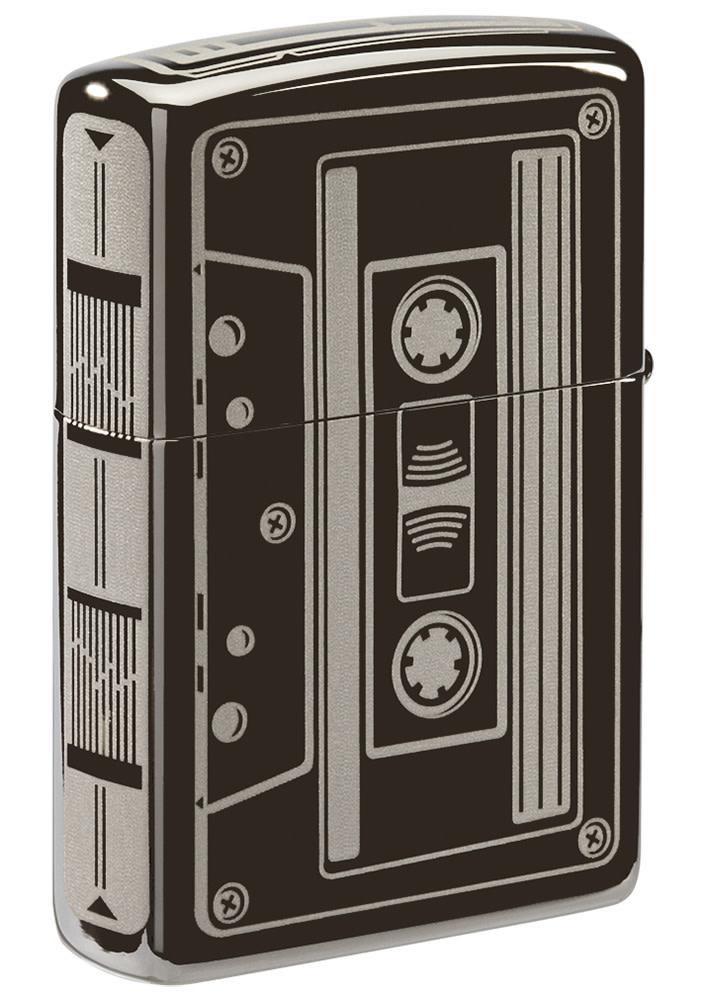 Back view of Cassette Tape Black IceÂ® Windproof Lighter standing at a 3/4 angle
