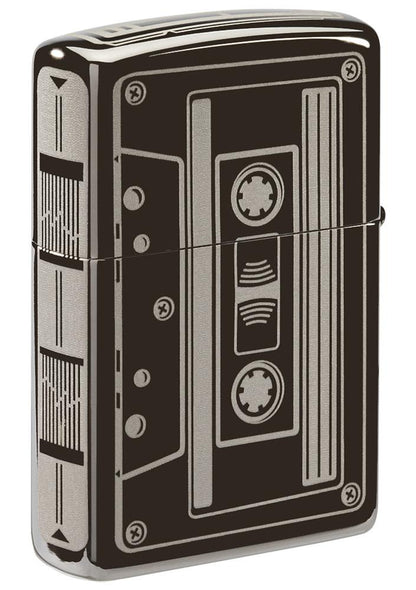 Back view of Cassette Tape Black IceÂ® Windproof Lighter standing at a 3/4 angle