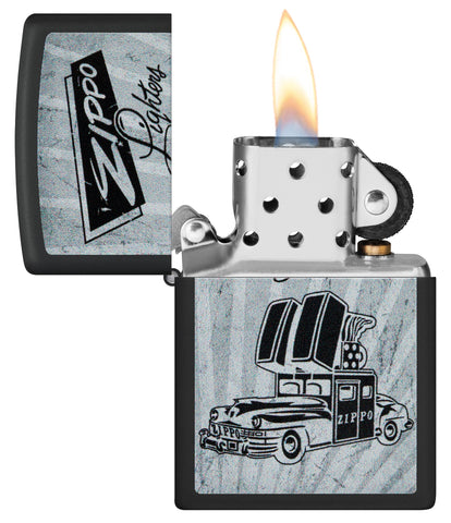 Zippo Car Design Black Matte Windproof Lighter with its lid open and lit.