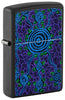 Front shot of Zippo John Smith Gumbula Black Light Design Black Matte Windproof Lighter standing at a 3/4 angle.