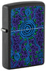 Front shot of Zippo John Smith Gumbula Black Light Design Black Matte Windproof Lighter standing at a 3/4 angle.