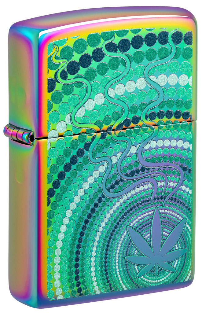 Front shot of Cannabis Leaf Design Multi Color Windproof Lighter standing at a 3/4 angle.