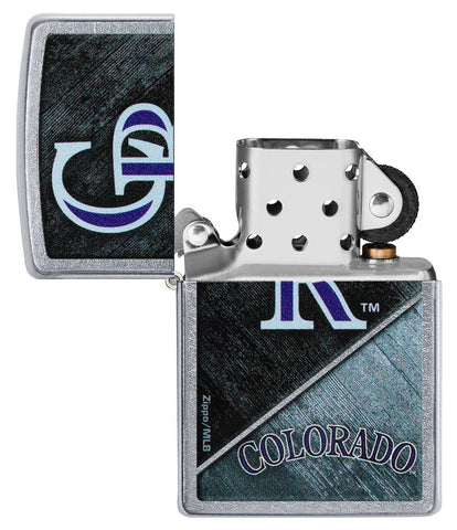 MLB® Colorado Rockies™ Street Chrome™ Windproof Lighter with its lid open and unlit.