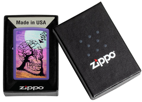 Zippo Skull Tree Design Purple Matte Windproof Lighter in its packaging.