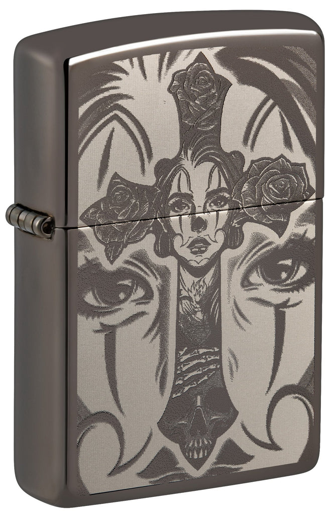 Front shot of Day of the Dead Skull Cross Design Black Ice Windproof Lighter standing at a 3/4 angle.