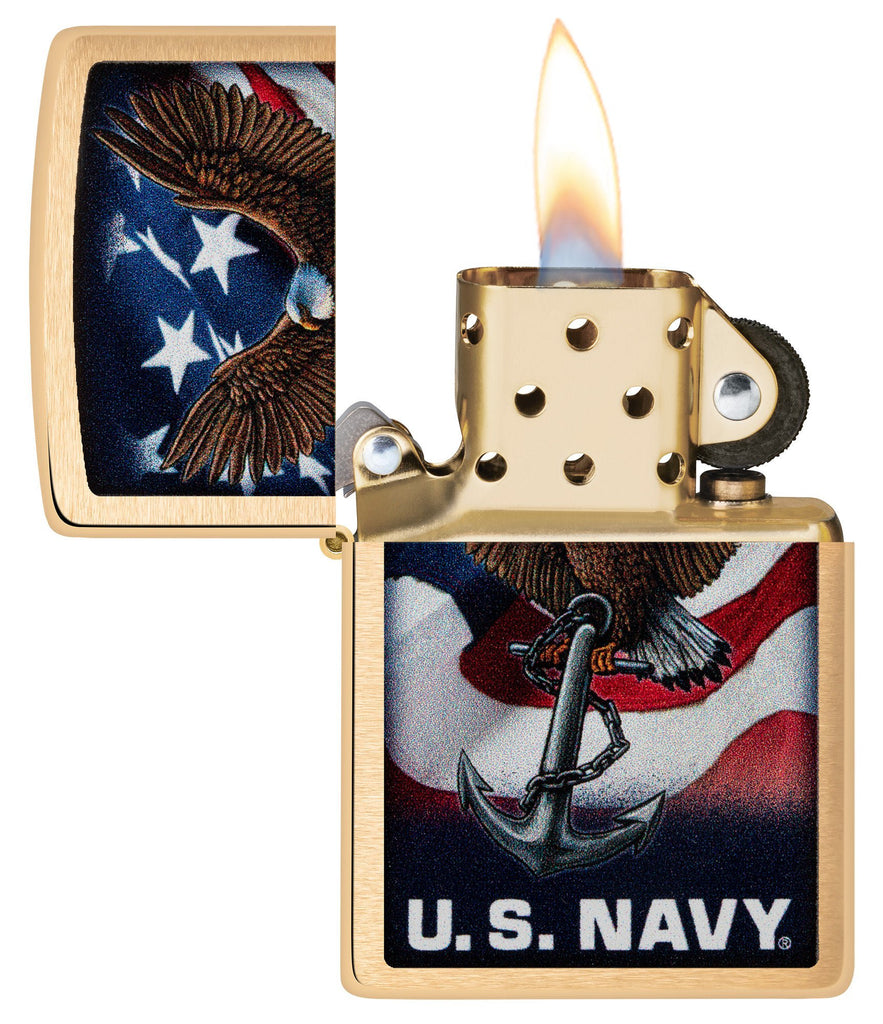 Zippo U.S. Navy Eagle Anchor & Flag Brushed Chrome Windproof Lighter with its lid open and lit.