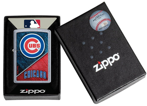 MLB® Chicago Cubs™ Street Chrome™ Windproof Lighter in its packaging.