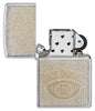 Jack Daniel's® Logo Street Chrome™ Windproof Lighter with its lid open and unlit.