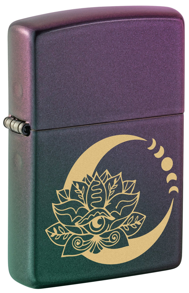 Front shot of Zippo Lotus Moon Design Iridescent Windproof Lighter standing at a 3/4 angle.