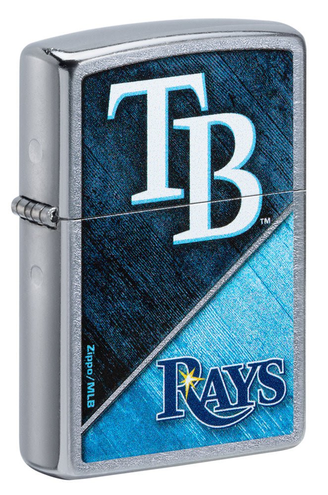 Front shot of MLB™ Tampa Bay Rays™ Street Chrome™ Windproof Lighter standing at a 3/4 angle.