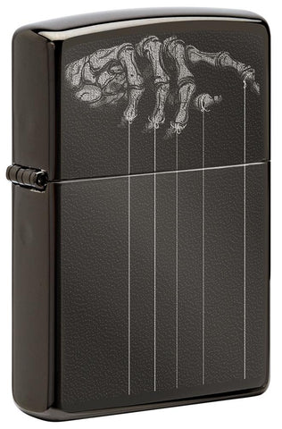 Front shot of Skeleton Puppet Strings High Polish Black Windproof Lighter standing at a 3/4 angle