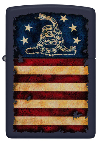 Front view of Zippo Don't Tread On Me US Flag Navy Matte Windproof Lighter.