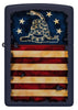 Front view of Zippo Don't Tread On Me US Flag Navy Matte Windproof Lighter.