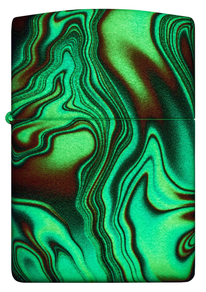Front shot of Zippo Colorful Swirl Design Glow in the Dark 540 Color Windproof Lighter glowing in the dark.