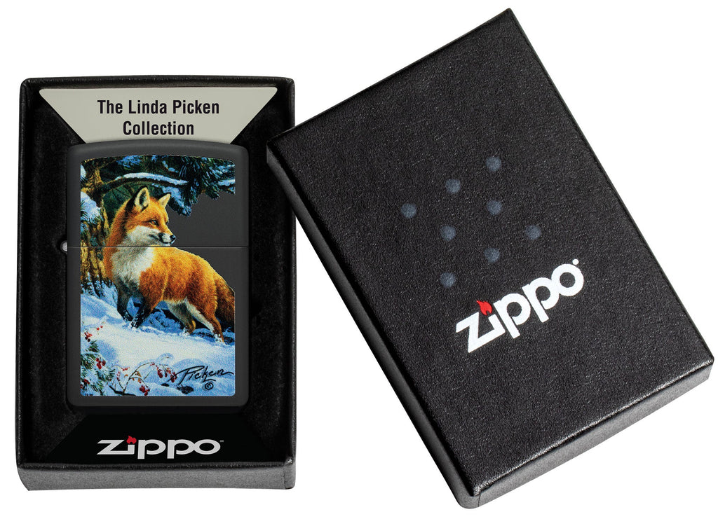 Zippo Linda Pickens Fox Design Black Matte Windproof Lighter in its packaging.