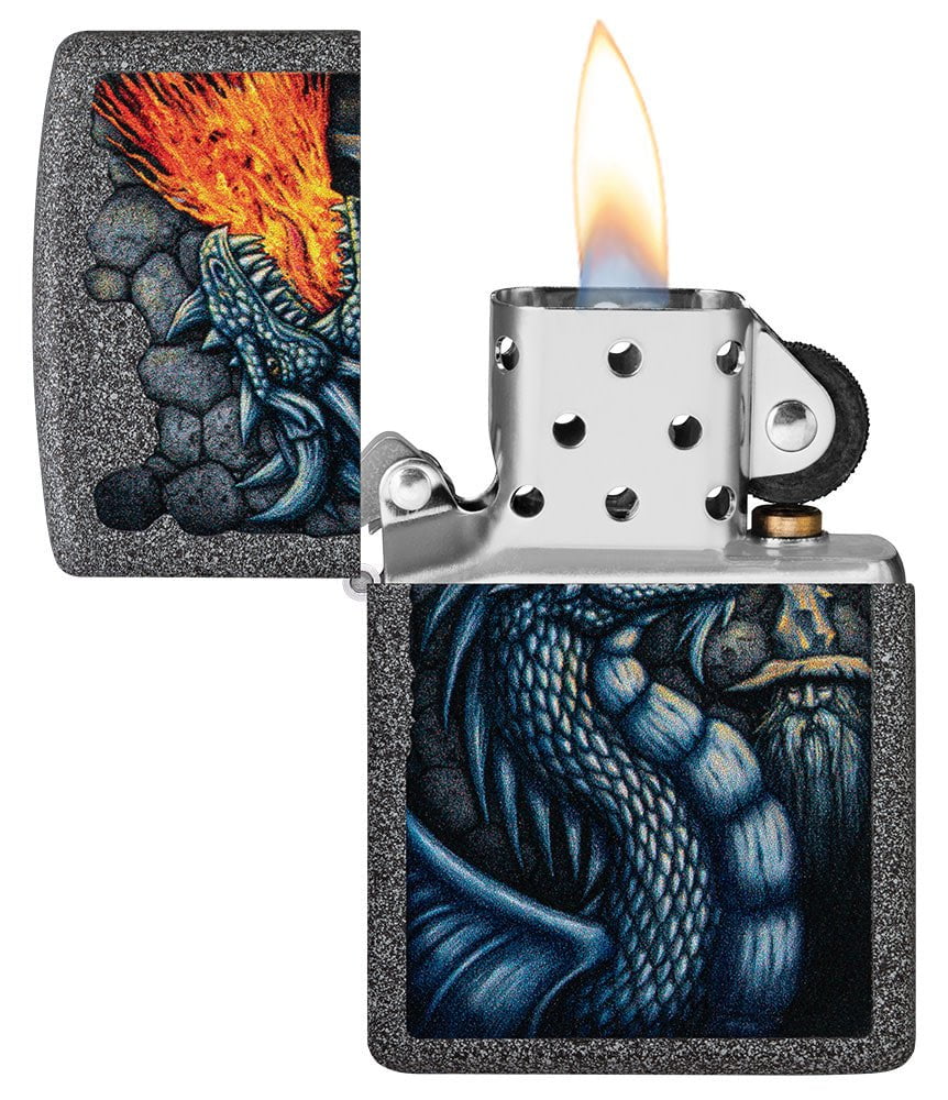 Fiery Dragon Design Iron Stone Windproof Lighter with its lid open and lit.