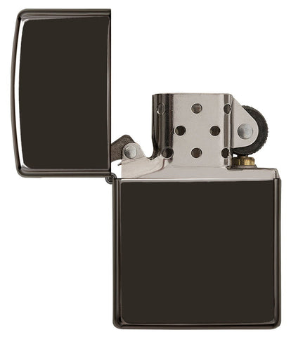 Front view of the Ebony Classic Case Lighter open and unlit.