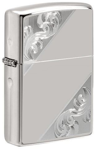 Front shot of Sterling Silver Diagonal Filigree Design Windproof Lighter standing at a 3/4 angle
