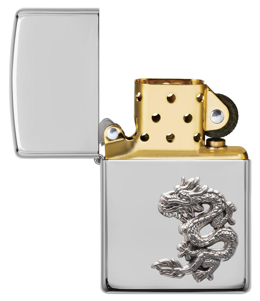 ArmorÂ® Chinese Dragon Sterling Silver Emblem Windproof Lighter with its lid open and unlit.
