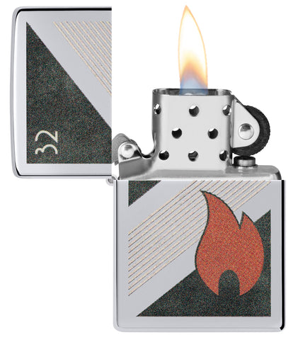 Zippo 32 Flame Design Vintage High Polish Chrome Windproof Lighter with its lid open and lit.