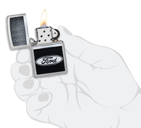 Ford Logo Diamond Plate Metal Design Street Chrome Windproof Lighter lit in hand.
