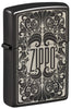 Front shot of Zippo Logo Filigree Design High Polish Black Windproof Lighter standing at a 3/4 angle