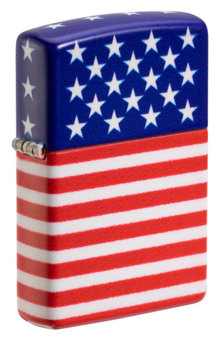 Front shot of Zippo Stars and Stripes Flag Design 540 Color Matte Windproof Lighter standing at a 3/4 angle.