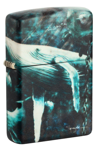 Front shot of Zippo Spazuk Whale Design 540 Color Windproof Lighter standing at a 3/4 angle.