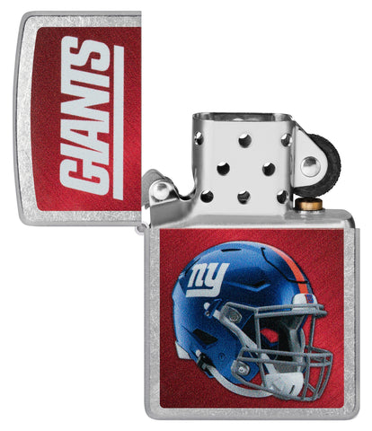 NFL New York Giants Helmet Street Chrome Windproof Lighter with its lid open and unlit.
