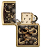 Snake Bouquet Design Tumbled Brass Windproof Lighter with its lid open and unlit.