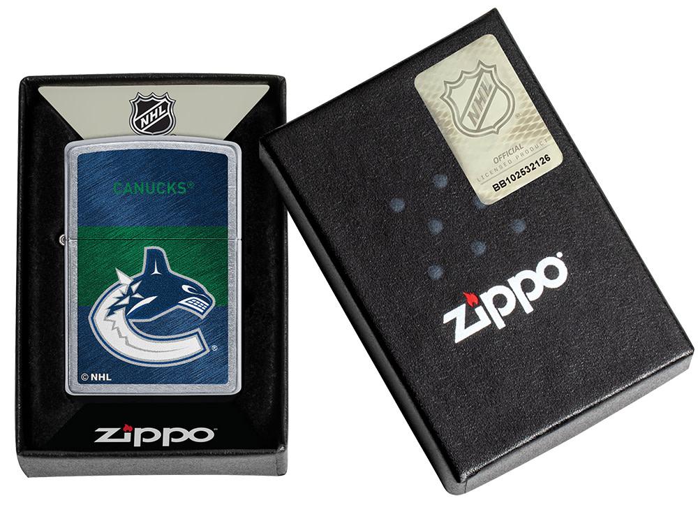 NHL® Vancouver Canucks Street Chrome™ Windproof Lighter in its packaging