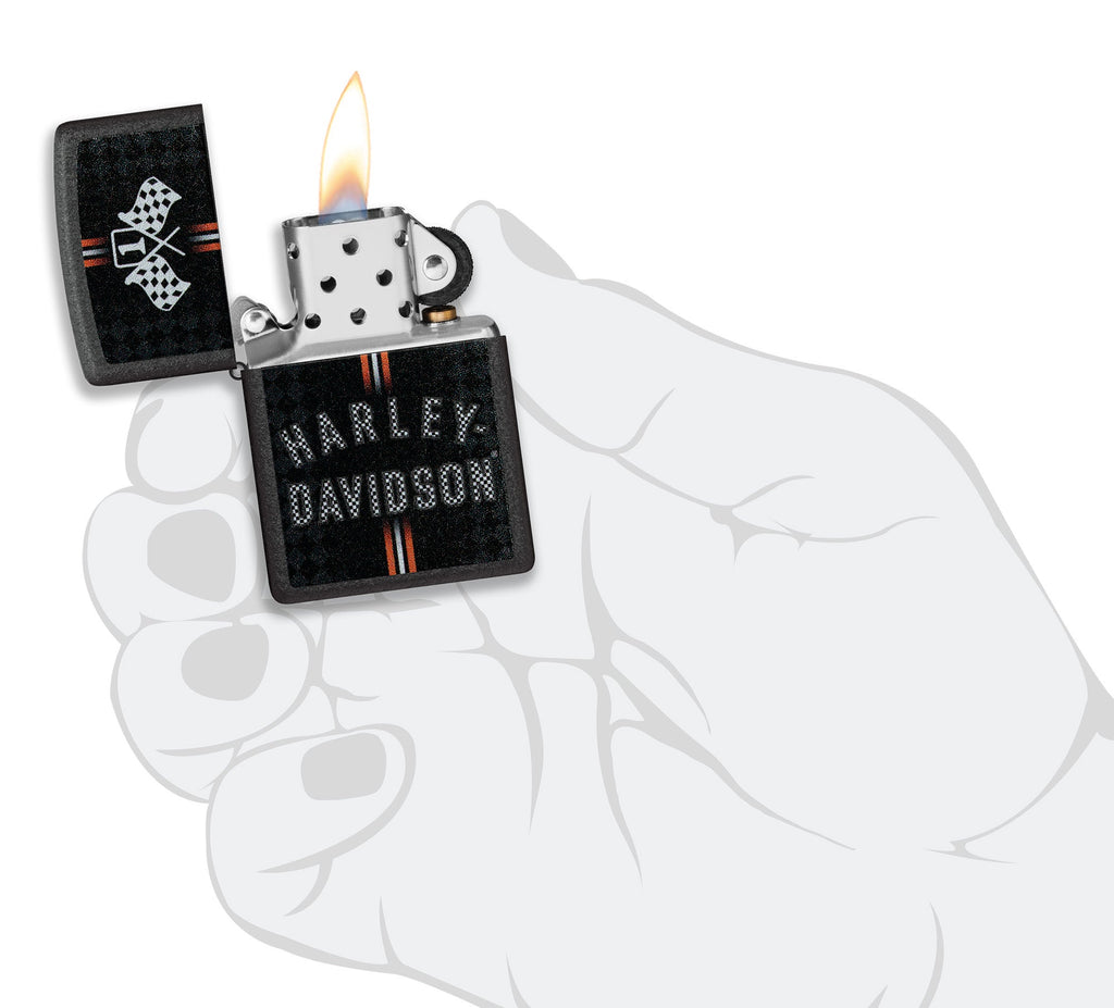 Zippo Harley-Davidson Checkered Flags Design Black Crackle Windproof Lighter lit in hand.