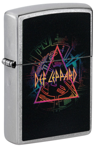 Front shot of Def Leppard Design Street Chrome™ Windproof Lighter standing at a 3/4 angle