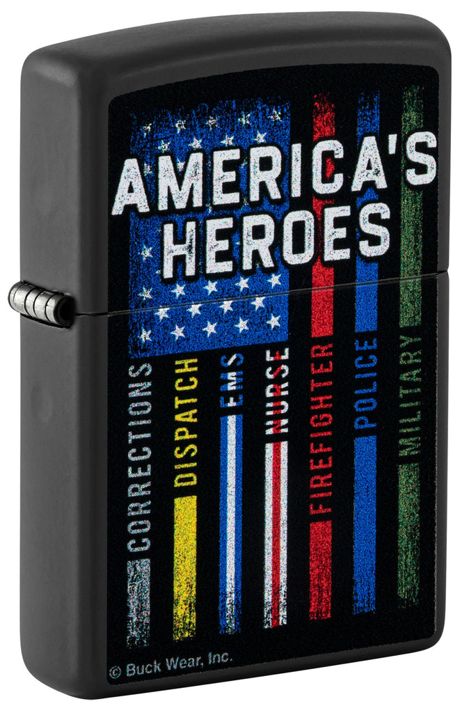 Front shot of Zippo Buckwear America's Heroes Design Black Matte Windproof Lighter standing at a 3/4 angle.