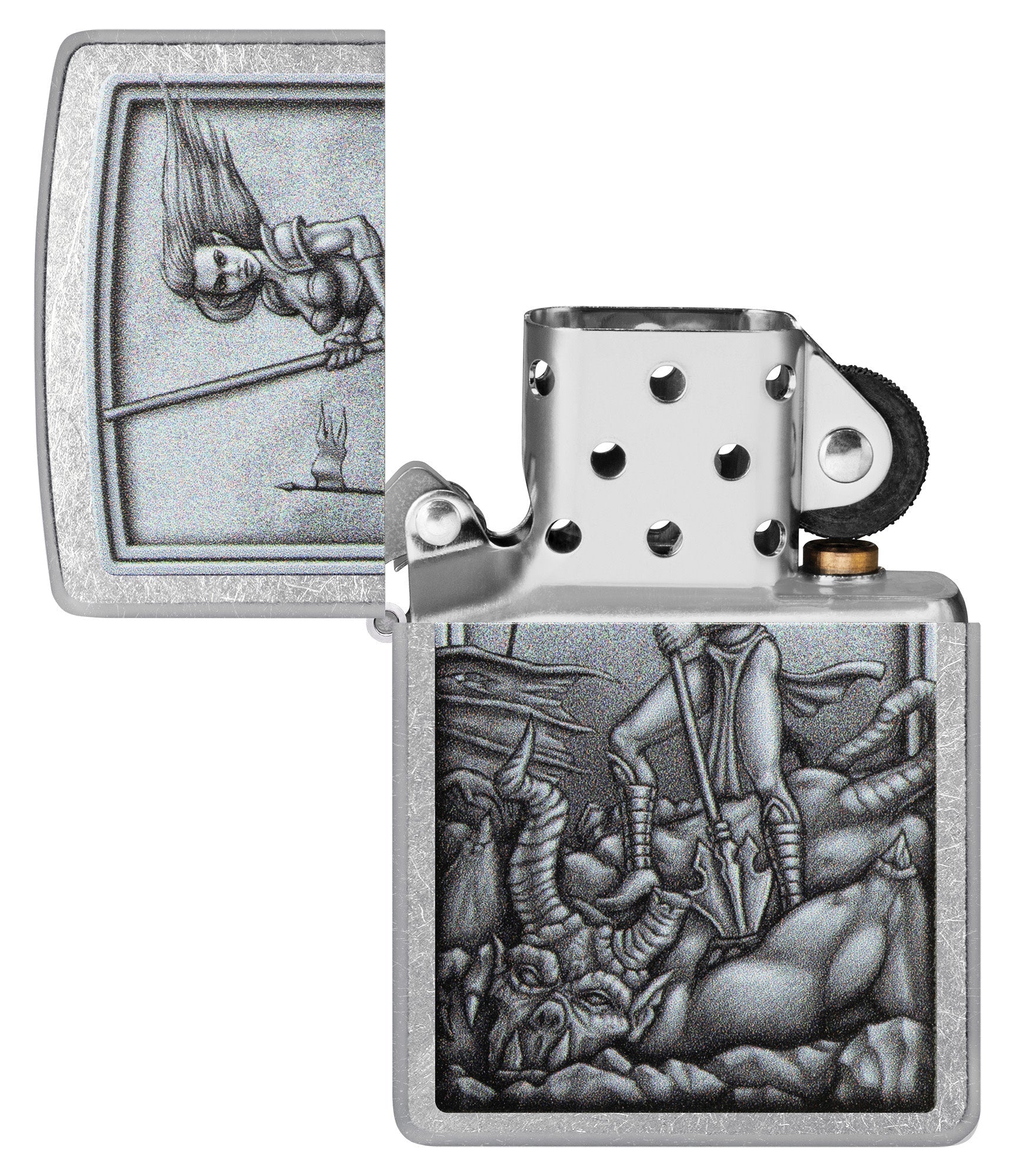 Medieval Woman Warrior Street Chrome Windproof Lighter with its lid open and unlit.