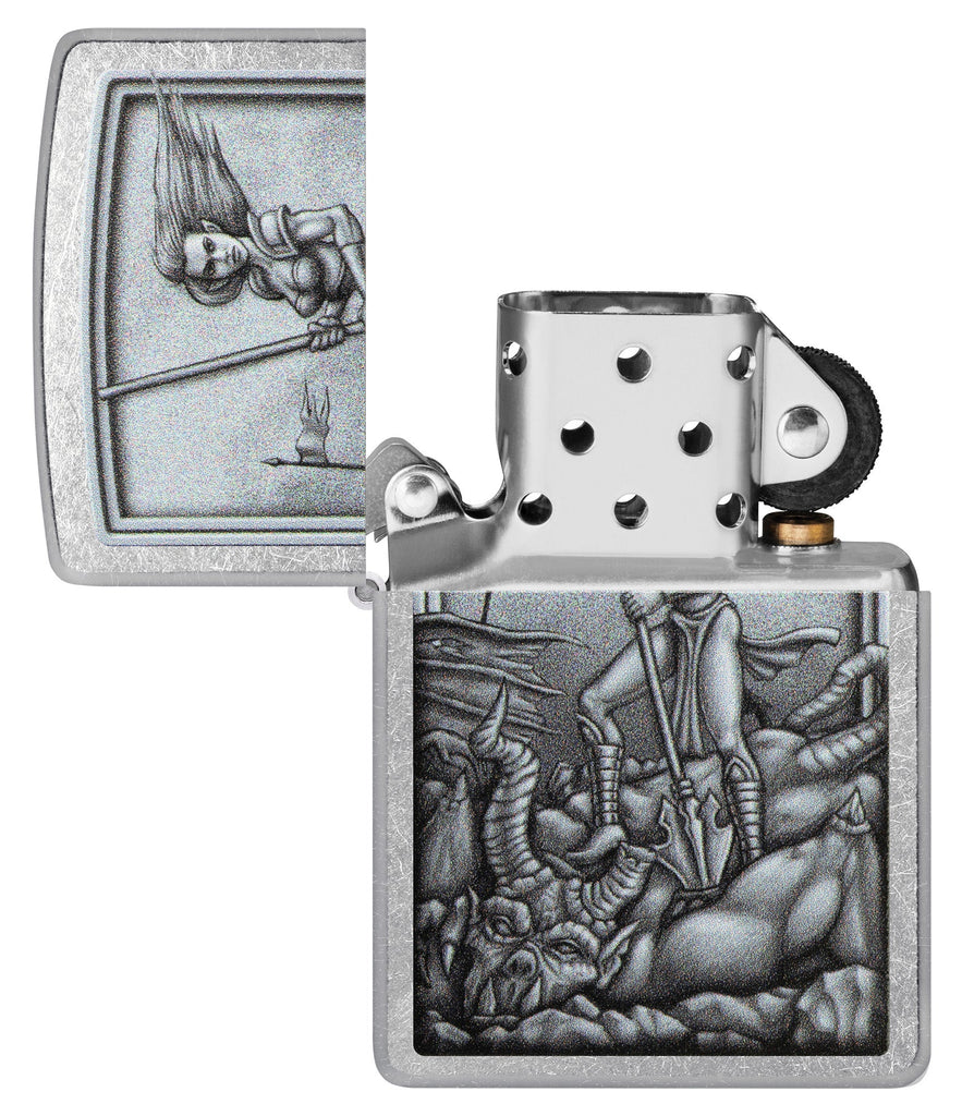 Medieval Wonman Warrior Street Chrome Windproof Lighter with its lid open and unlit.