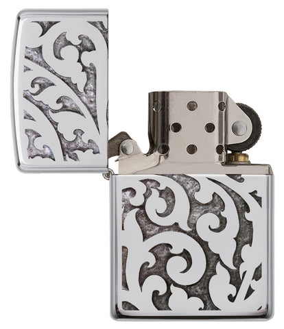 High Polish Chrome Filigree Windproof Lighter with its lid open and unlit.