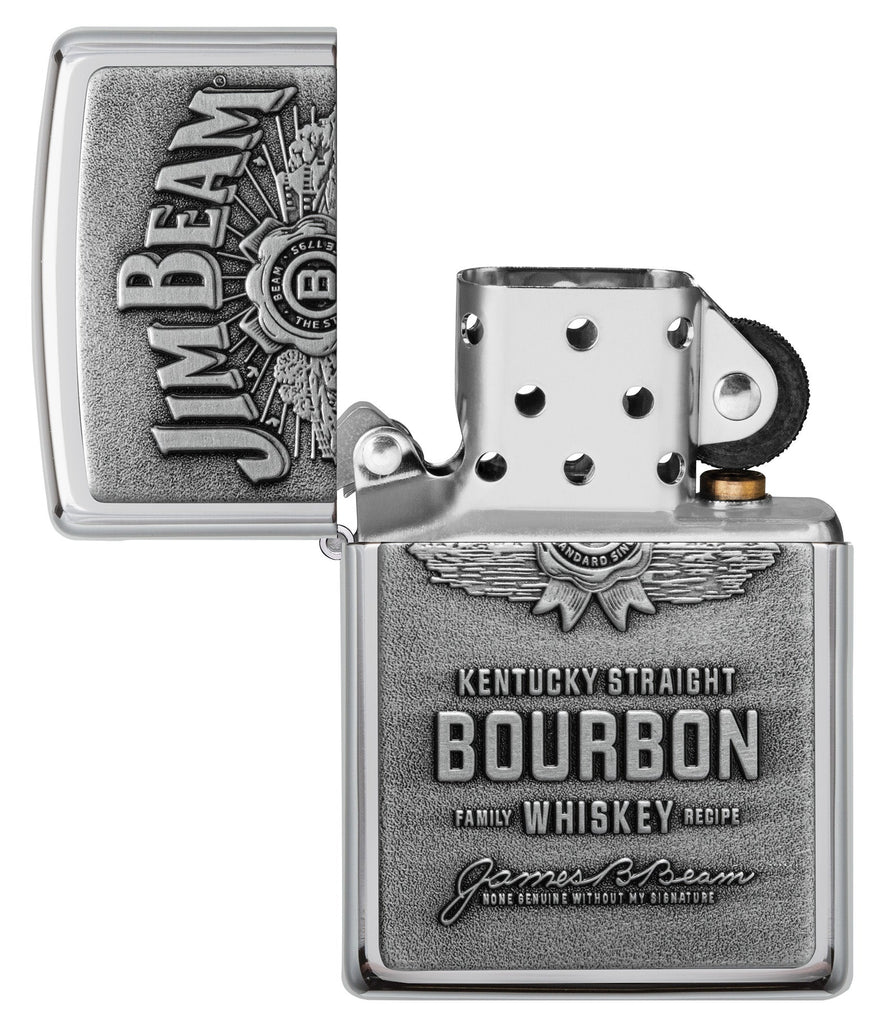 Jim Beam Bourbon Whiskey Emblem High Polish Chrome Finish Lighter with its lid open and unlit.