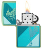 Windy Design High Polish Teal Windproof Lighter with its lid open and lit.
