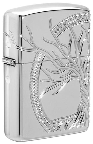Front shot of Armor® High Polish Sterling Silver Tree of Life Windproof Lighter standing at a 3/4 angle