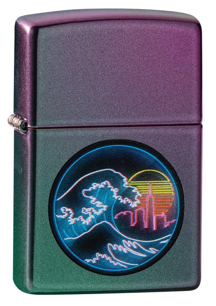 Front view of Great Vaporwave Iridescent Windproof Lighter standing at a 3/4 angle