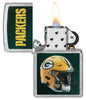NFL Green Bay Packers Helmet Street Chrome Windproof Lighter with its lid open and lit.