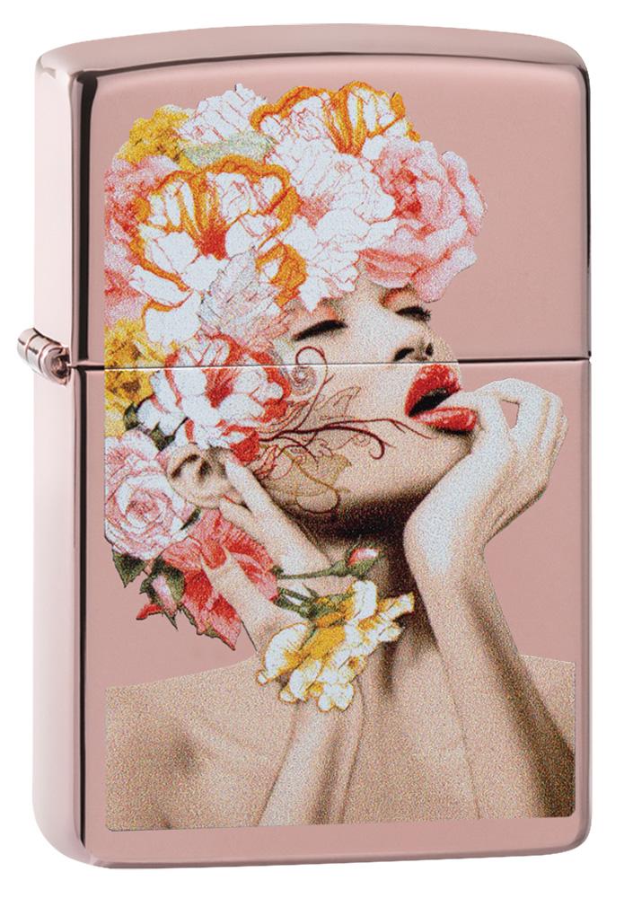 Front shot of Floral Woman Design Rose Gold Windproof Lighter standing at a 3/4 angle