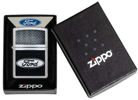 Ford Logo Diamond Plate Metal Design Street Chrome Windproof Lighter in its packaging.