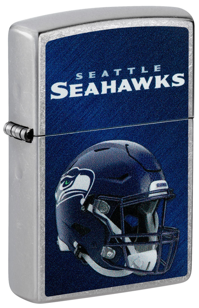 Front shot of NFL Seattle Seahawks Helmet Street Chrome Windproof Lighter standing at a 3/4 angle.