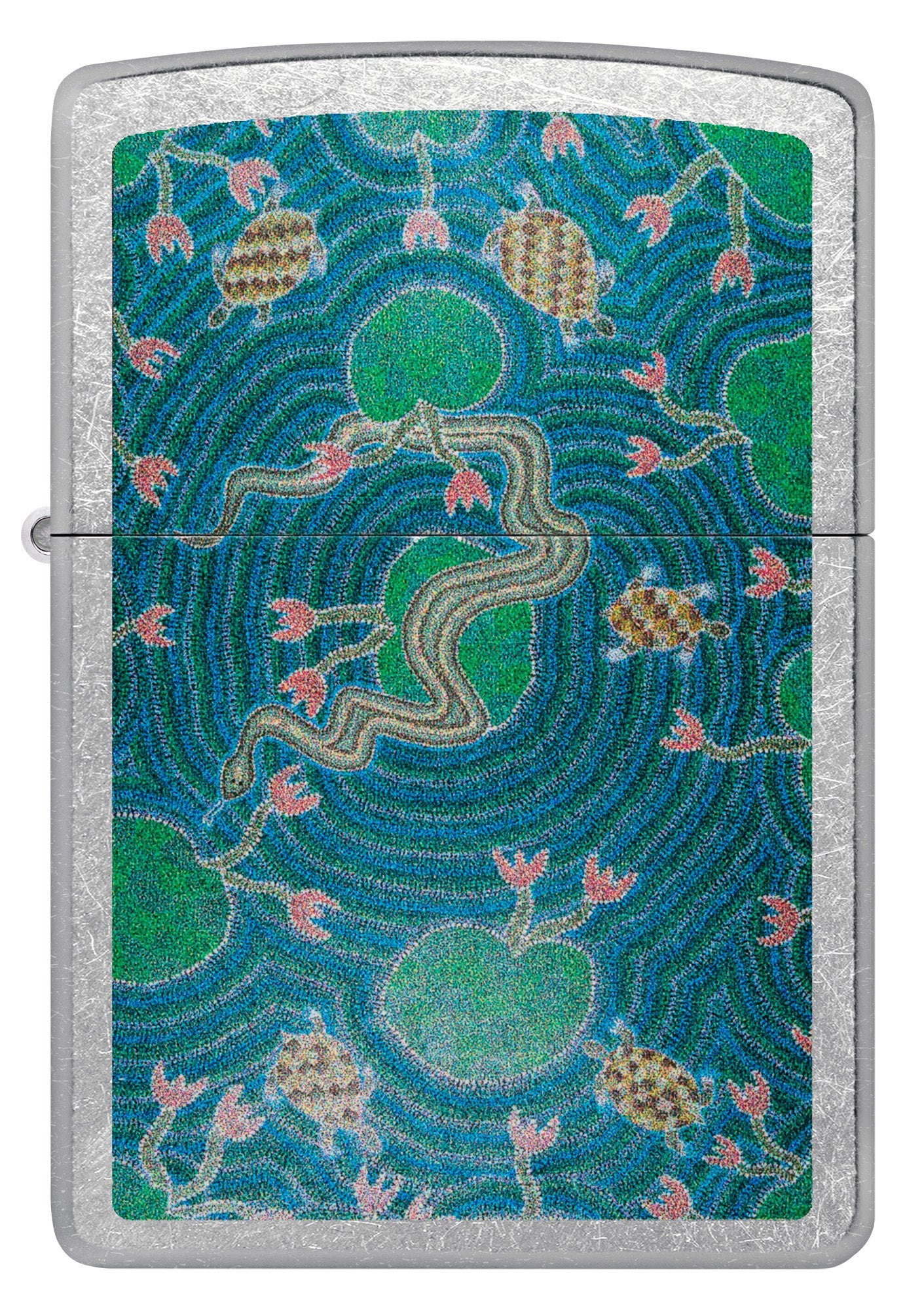 Front view of Zippo John Smith Gumbula Snake & Turple Design Street Chrome Windproof Lighter.