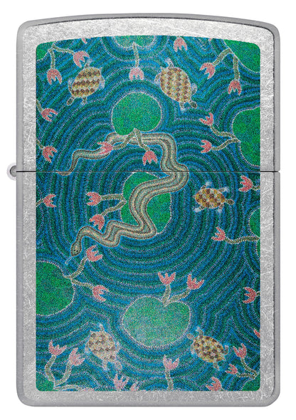 Front view of Zippo John Smith Gumbula Snake & Turple Design Street Chrome Windproof Lighter.