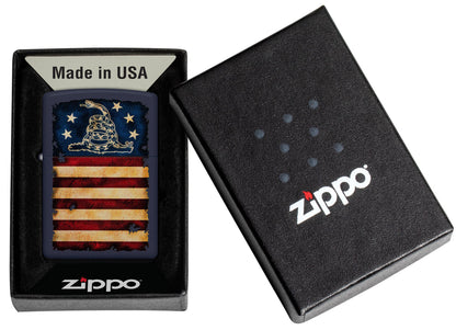 Zippo Don't Tread On Me US Flag Navy Matte Windproof Lighter in its packaging.