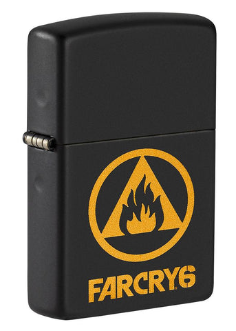 Front shot of Far Cry® 6 Logo Black Matte Windproof Lighter standing at a 3/4 angle.